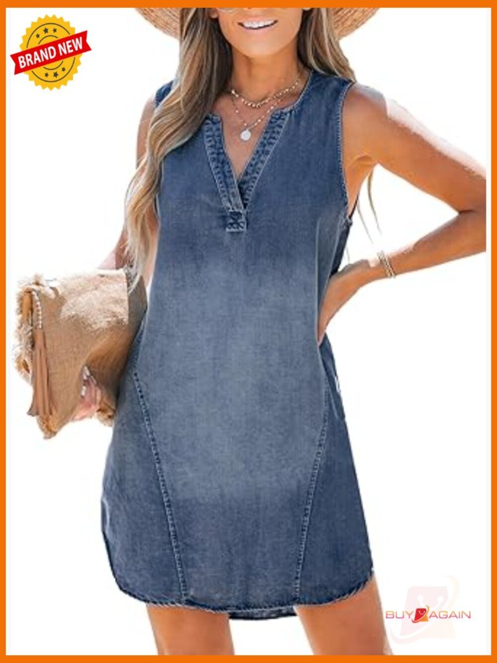 V Neck Sleeveless Denim Mini Dress A Line Casual Summer Jean Dress